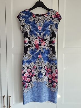 ECI New York Blue Pink Floral Print Cap-Sleeve Midi Summer Scuba Dress